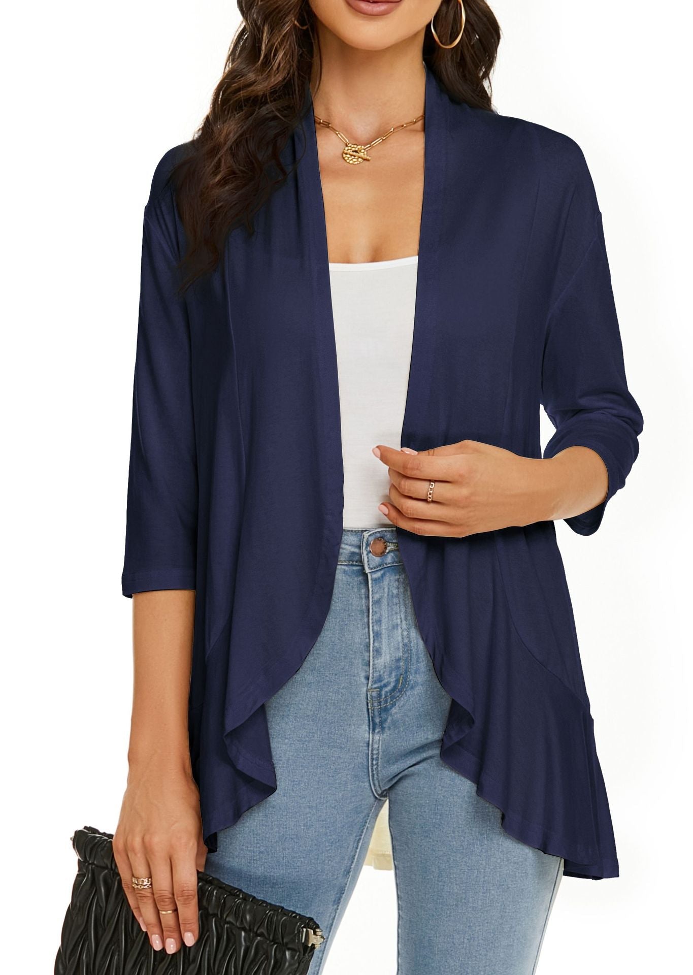 Out-Shine | Single color cardigan with seven quarter sleeves and ruffle border