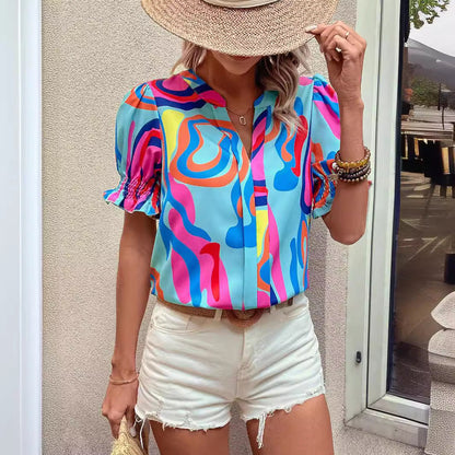 Out-Shine | Abstract print puff sleeve short shirt