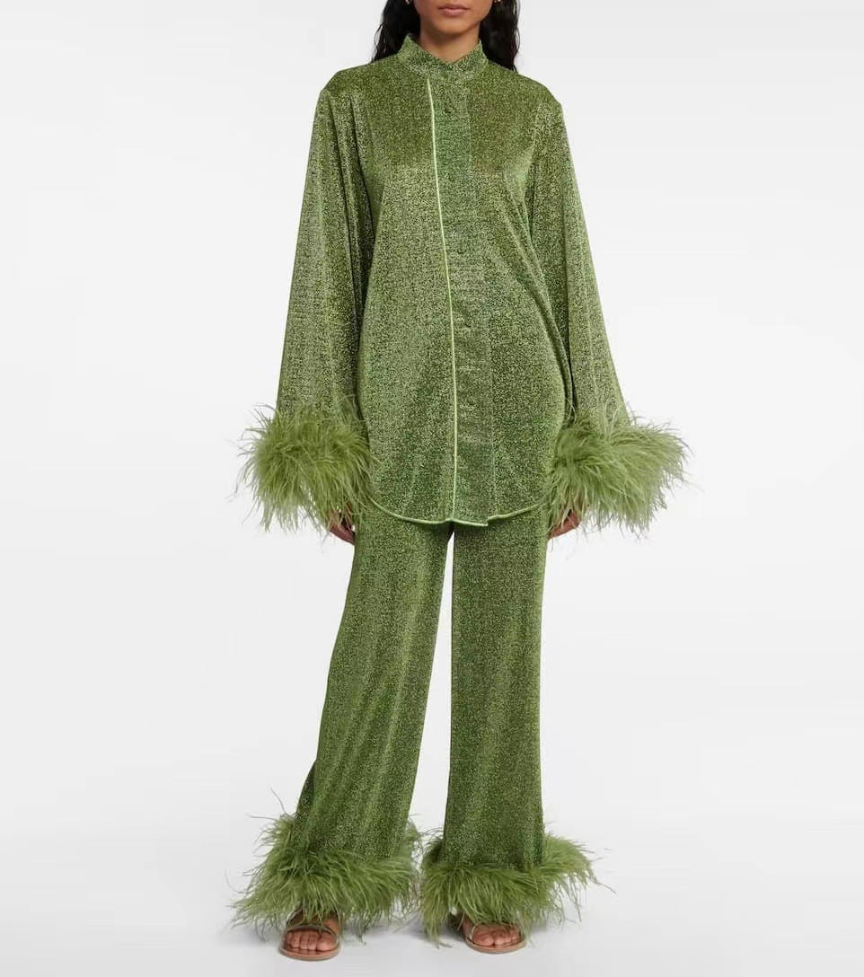 Out-Shine | Autumn winter feather standing collar long sleeve top and pants set