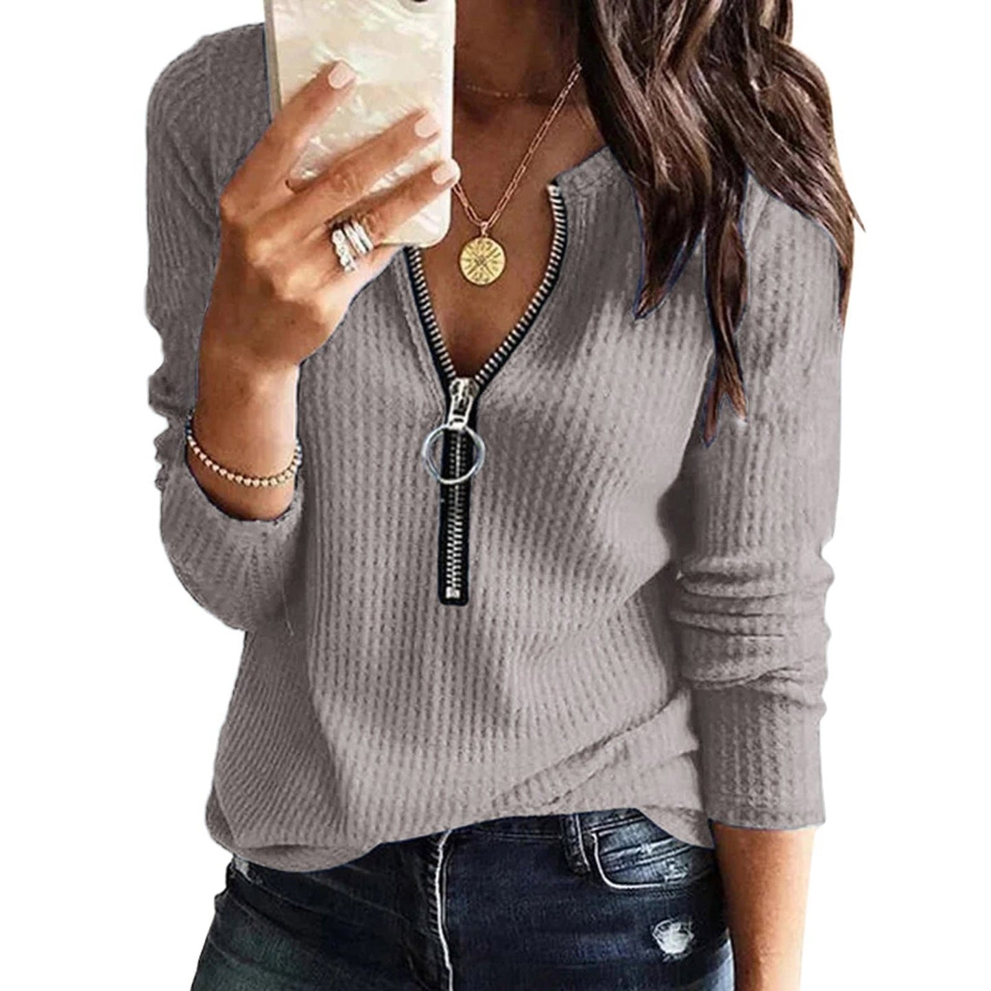 Out-Shine | Waffle Knit Zipper Top