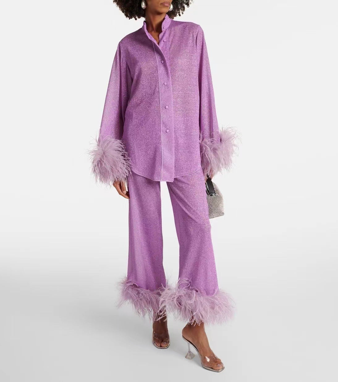 Out-Shine | Autumn winter feather standing collar long sleeve top and pants set