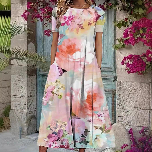 Out-Shine | Floral print spring summer short sleeve dress