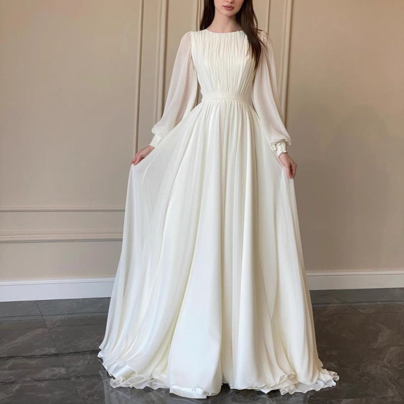 Out-Shine | Transparent White Wedding Dress Round Neck Long Sleeve Dress
