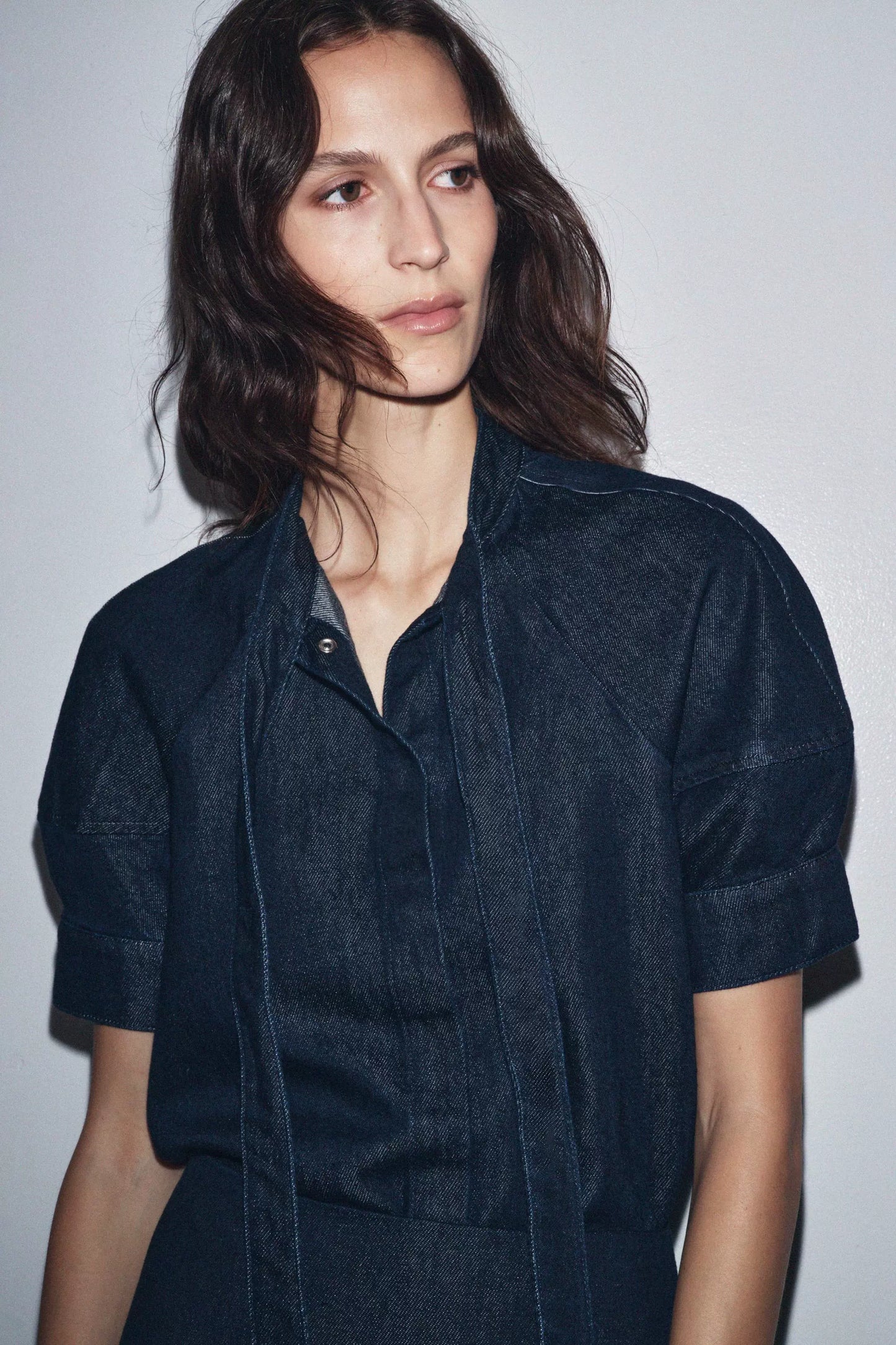 Out-Shine | Bow-Detailed Puff Short Sleeve Round Neck Denim Shirt