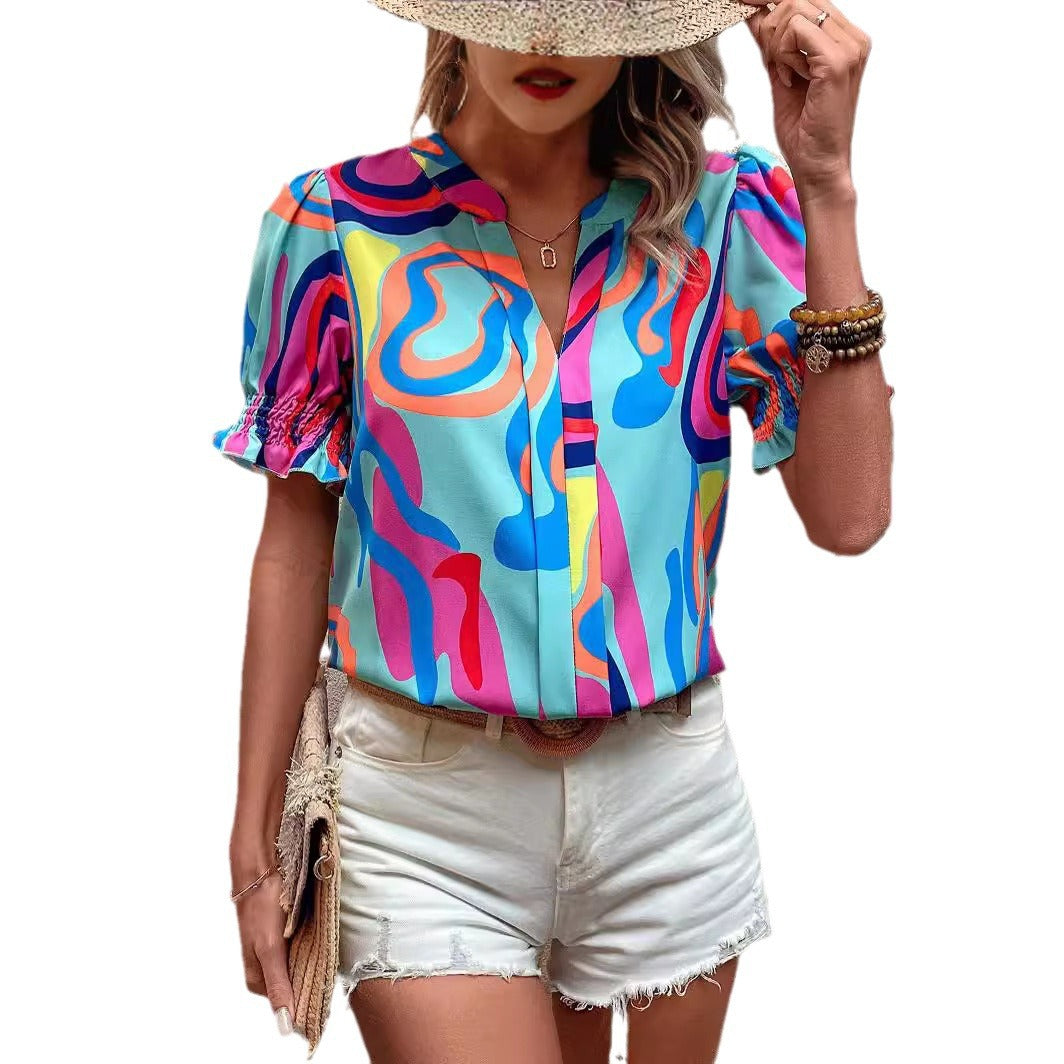 Out-Shine | Abstract print puff sleeve short shirt