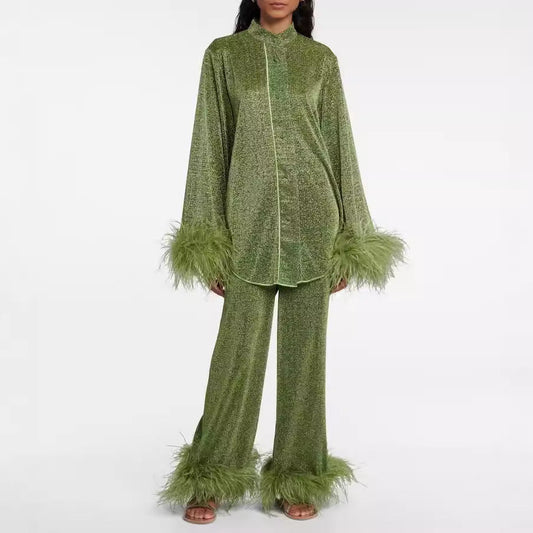 Out-Shine | Autumn winter feather standing collar long sleeve top and pants set