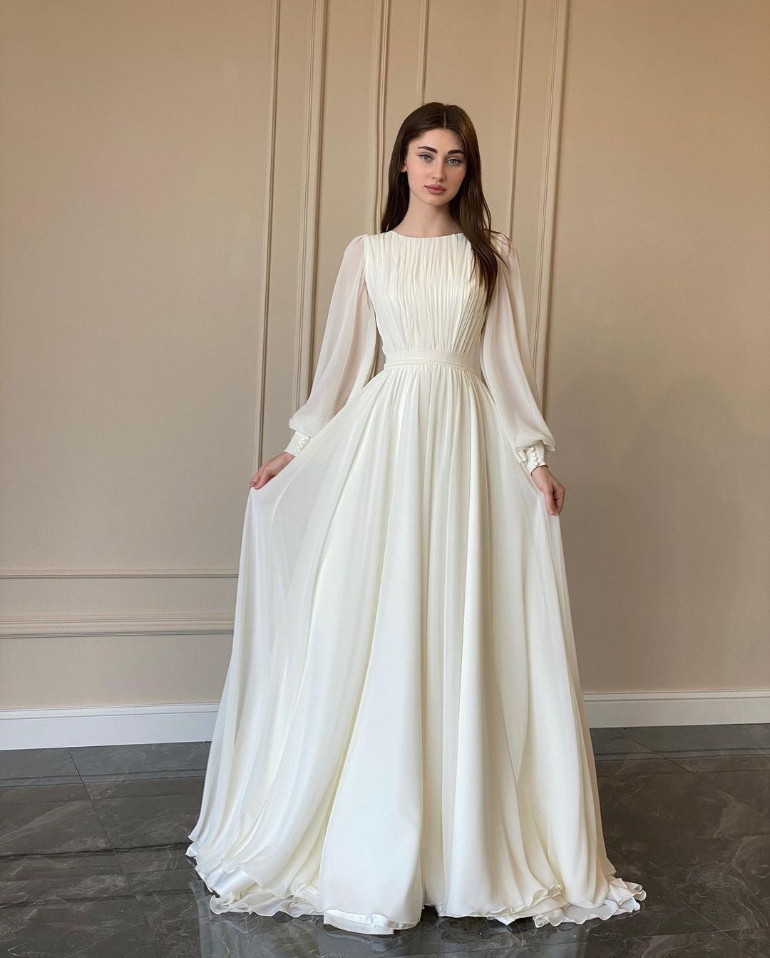 Out-Shine | Transparent White Wedding Dress Round Neck Long Sleeve Dress