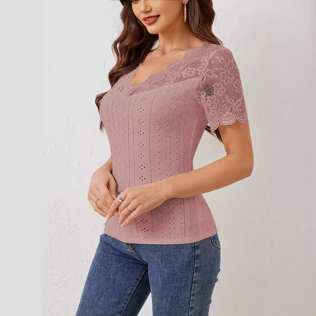 Out-Shine | V Neckline Lace Processing Slim Fit Short Sleeve T-Shirt