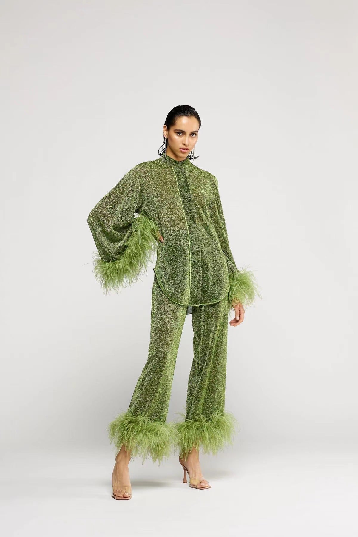 Out-Shine | Autumn winter feather standing collar long sleeve top and pants set