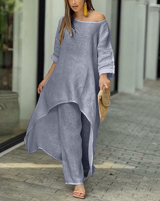 Out-Shine | Irregular cotton linen wide leg two-piece set
