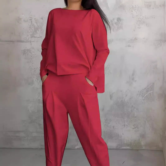 Out-Shine | Plain Color Slim Fit Pantsuit With Round Neck Neckline