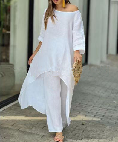 Out-Shine | Irregular cotton linen wide leg two-piece set
