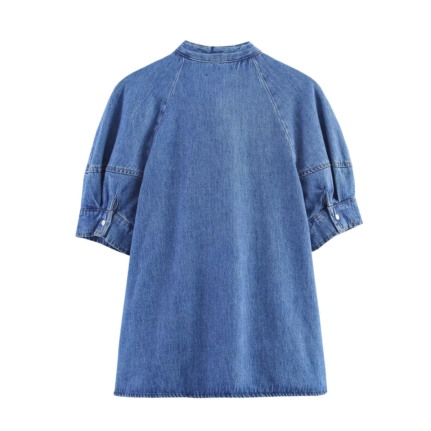 Out-Shine | Bow-Detailed Puff Short Sleeve Round Neck Denim Shirt