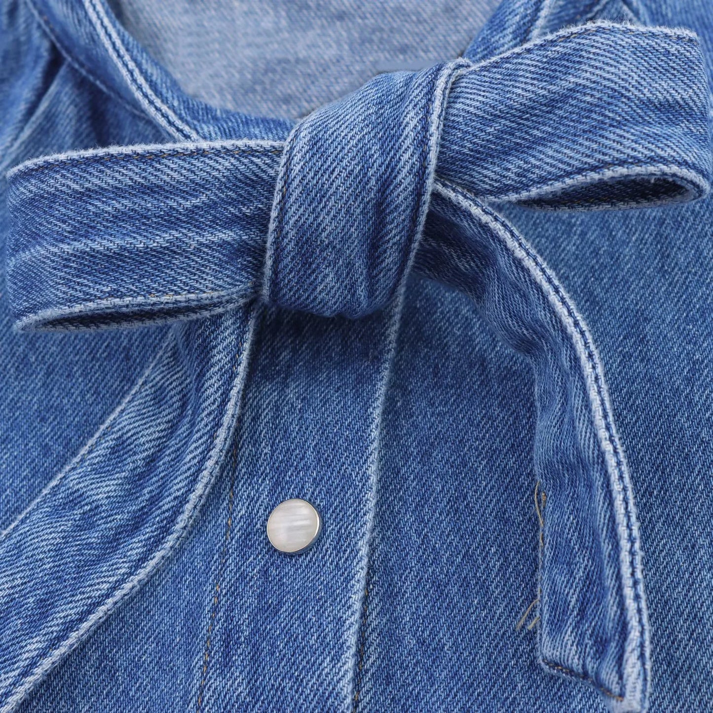 Out-Shine | Bow-Detailed Puff Short Sleeve Round Neck Denim Shirt