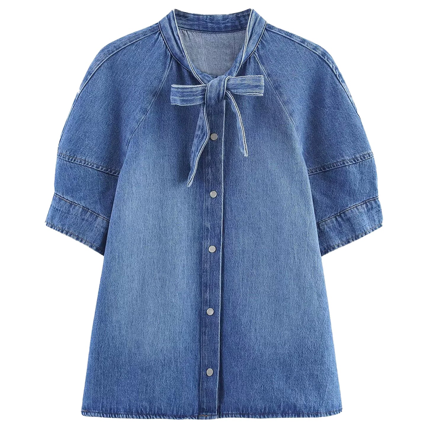 Out-Shine | Bow-Detailed Puff Short Sleeve Round Neck Denim Shirt