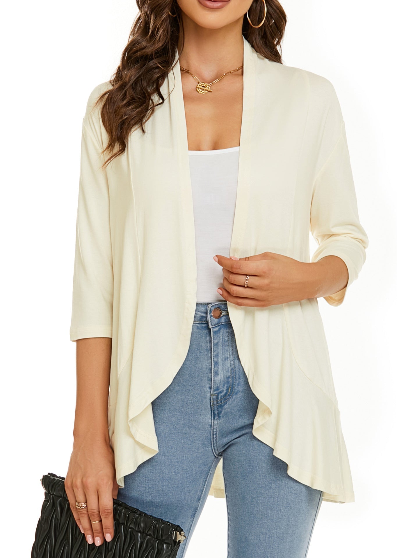 Out-Shine | Single color cardigan with seven quarter sleeves and ruffle border