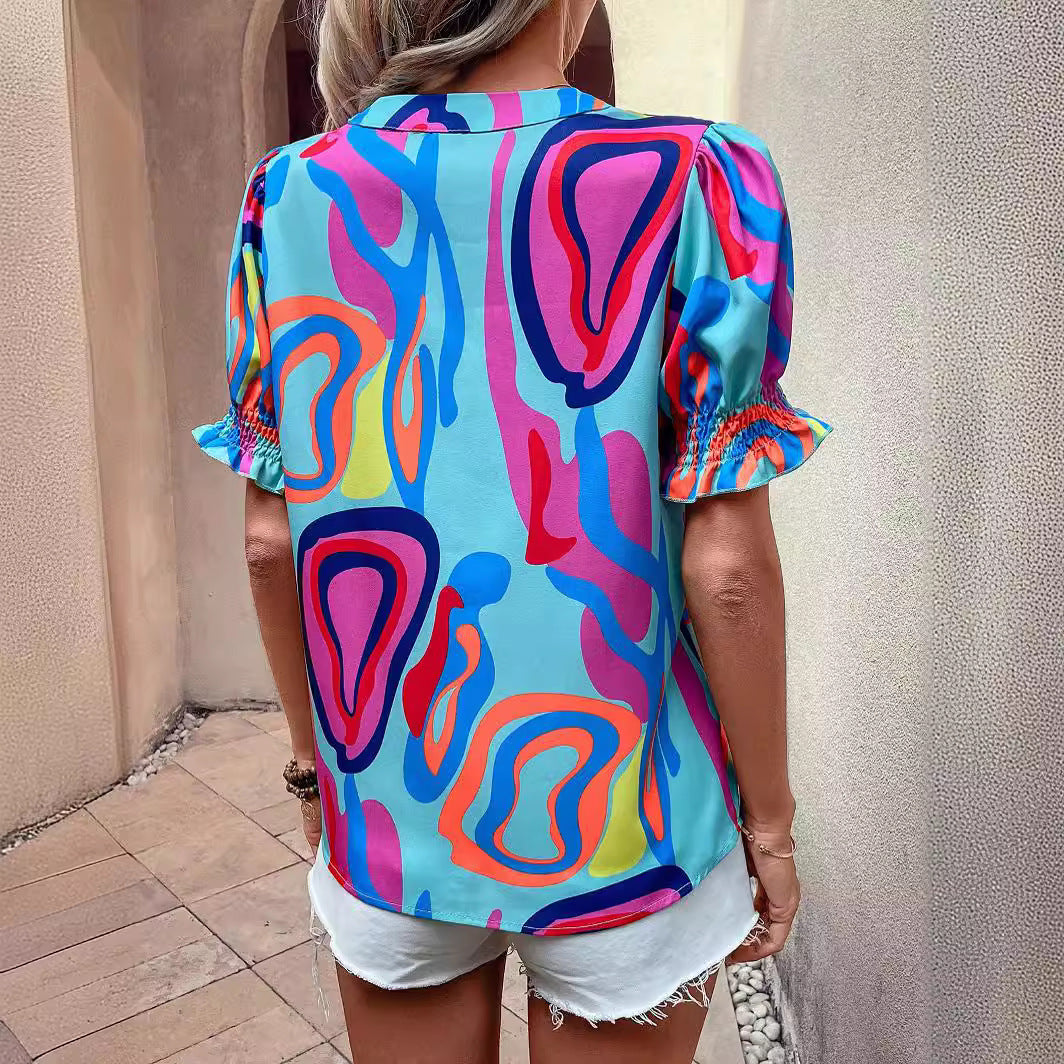 Out-Shine | Abstract print puff sleeve short shirt