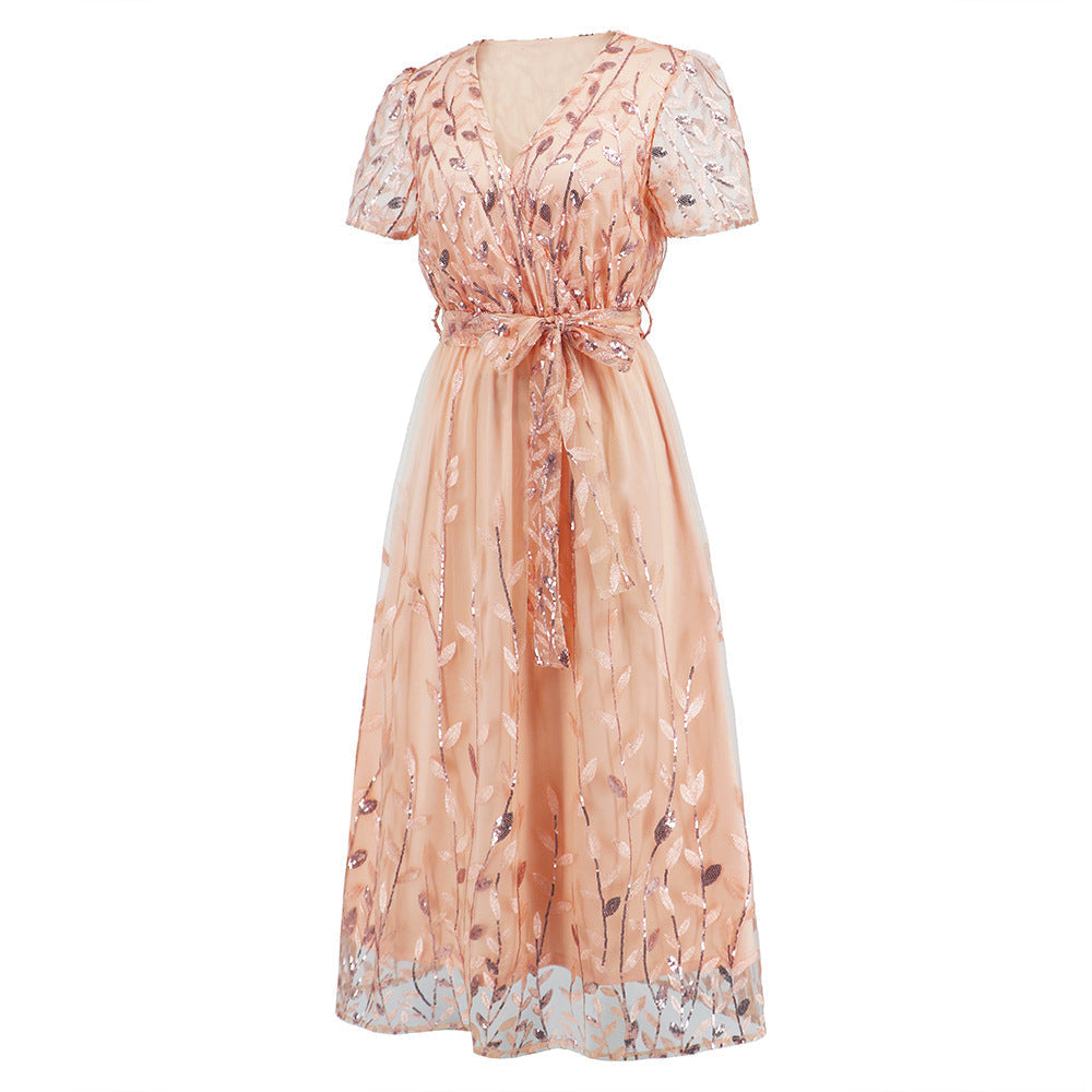 Out-Shine | Short Sleeve Cross V Neck Belt Midi Dress
