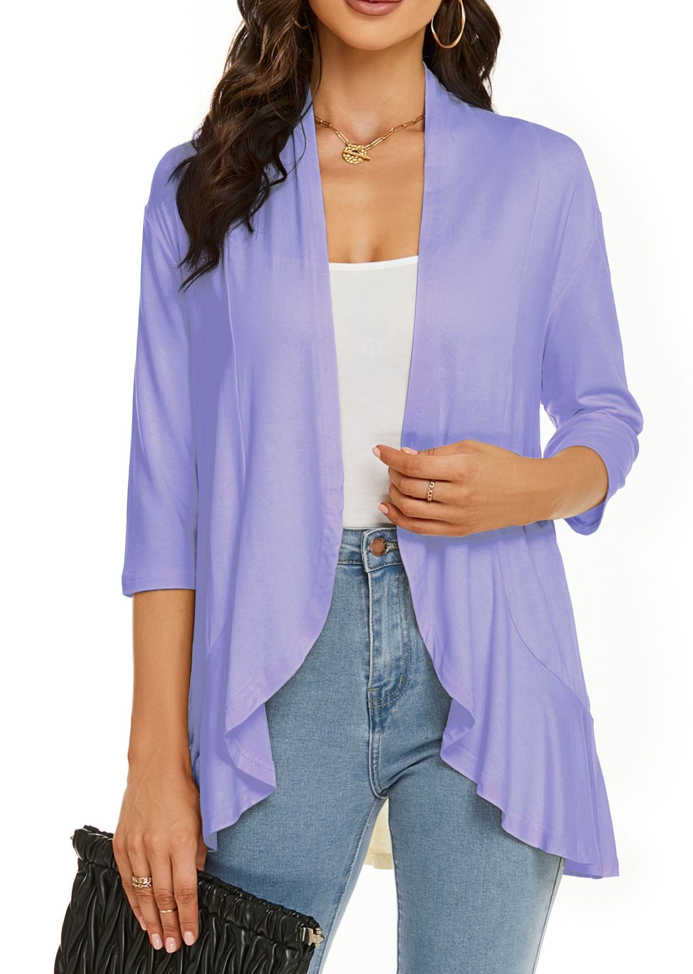 Out-Shine | Single color cardigan with seven quarter sleeves and ruffle border