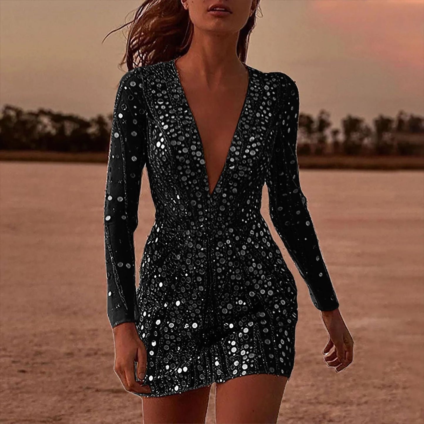 Out-Shine | Glittery Long Sleeve Evening Dress