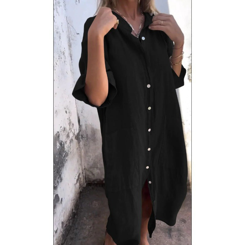 Out-Shine | cotton linen shirt dress with three quarter sleeves