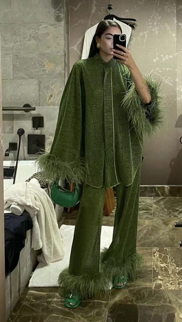 Out-Shine | Autumn winter feather standing collar long sleeve top and pants set