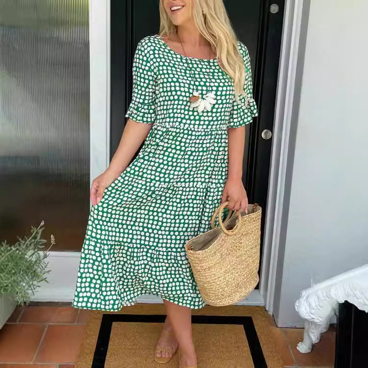 Out-Shine | Summer Roundneck Printed Short Sleeve Dress