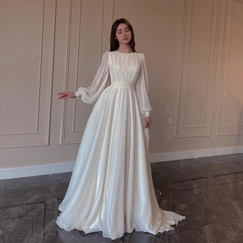 Out-Shine | Transparent White Wedding Dress Round Neck Long Sleeve Dress