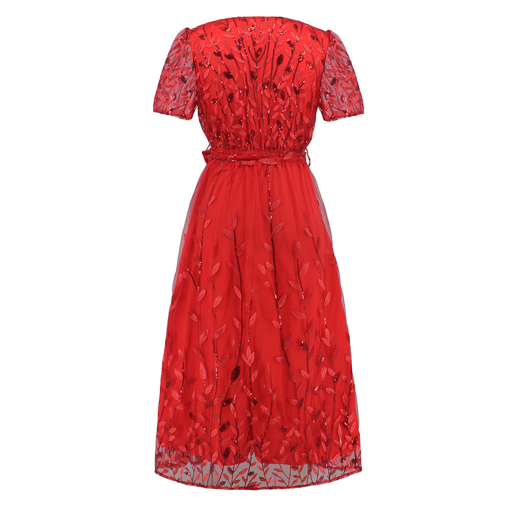 Out-Shine | Short Sleeve Cross V Neck Belt Midi Dress