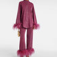 Out-Shine | Autumn winter feather standing collar long sleeve top and pants set