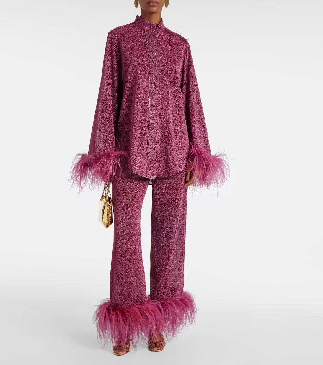 Out-Shine | Autumn winter feather standing collar long sleeve top and pants set