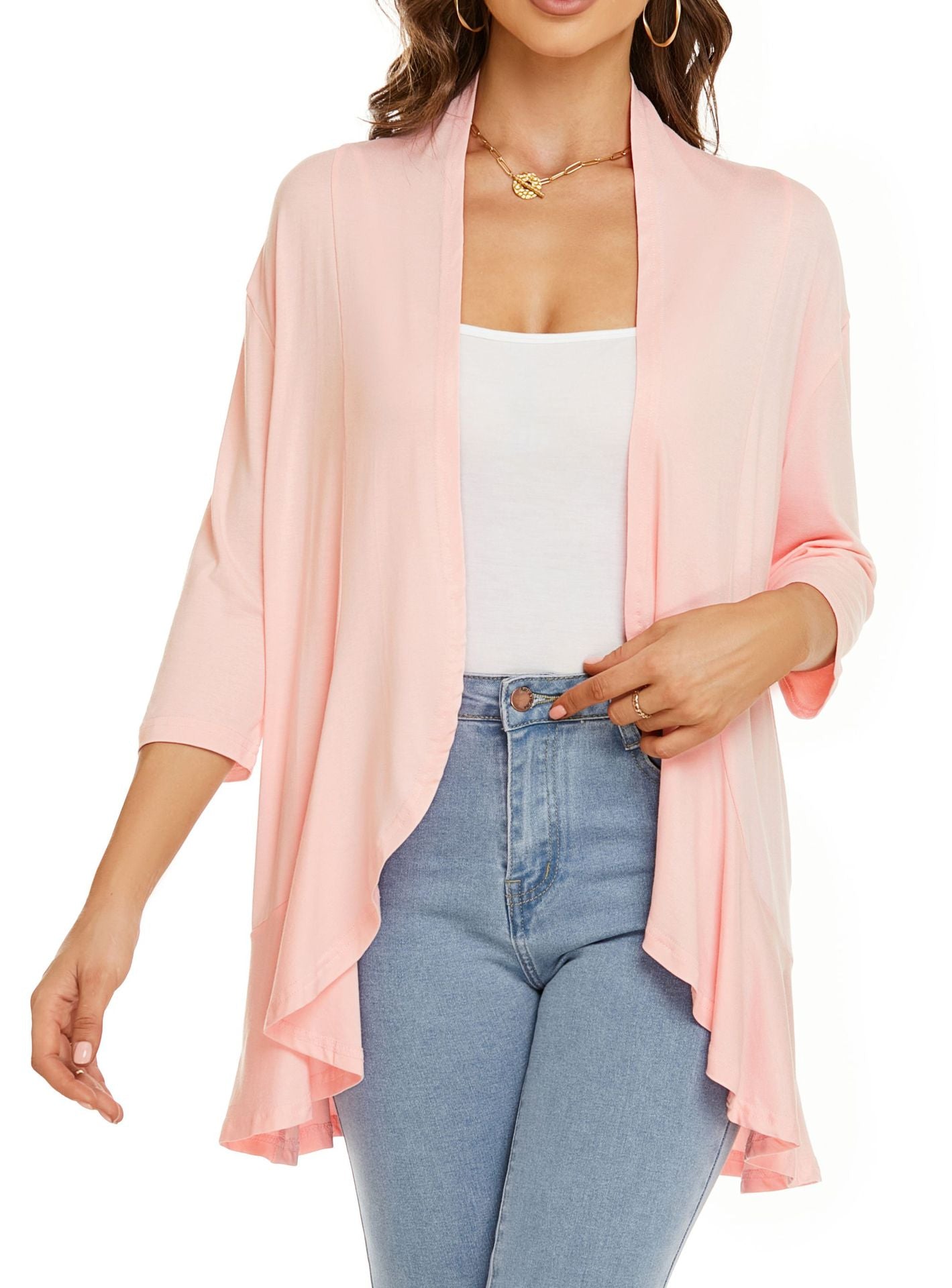 Out-Shine | Single color cardigan with seven quarter sleeves and ruffle border