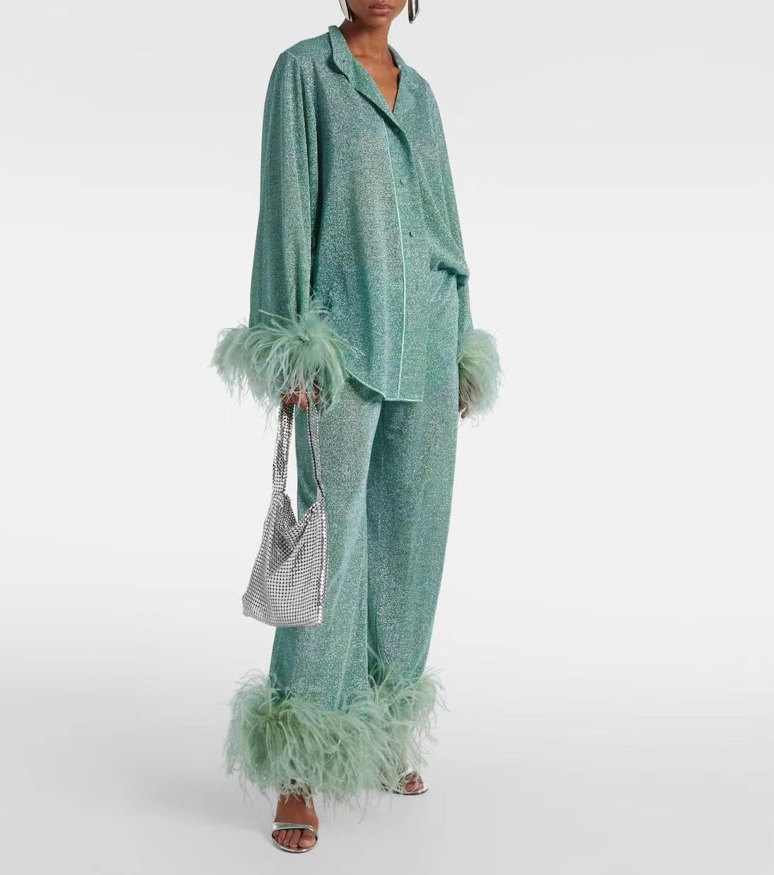 Out-Shine | Autumn winter feather standing collar long sleeve top and pants set