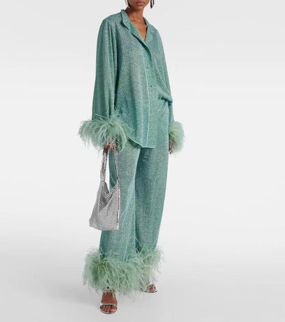 Out-Shine | Autumn winter feather standing collar long sleeve top and pants set