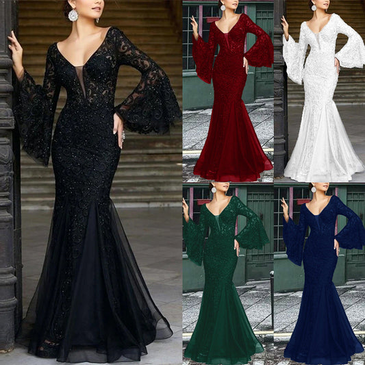 Out-Shine | Lace Embroidered Black Mermaid Evening Dress