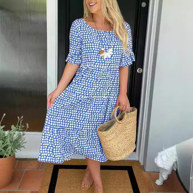 Out-Shine | Summer Roundneck Printed Short Sleeve Dress