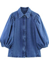 Out-Shine | Women's New Retro Style Collar Puff Sleeve Denim Shirt