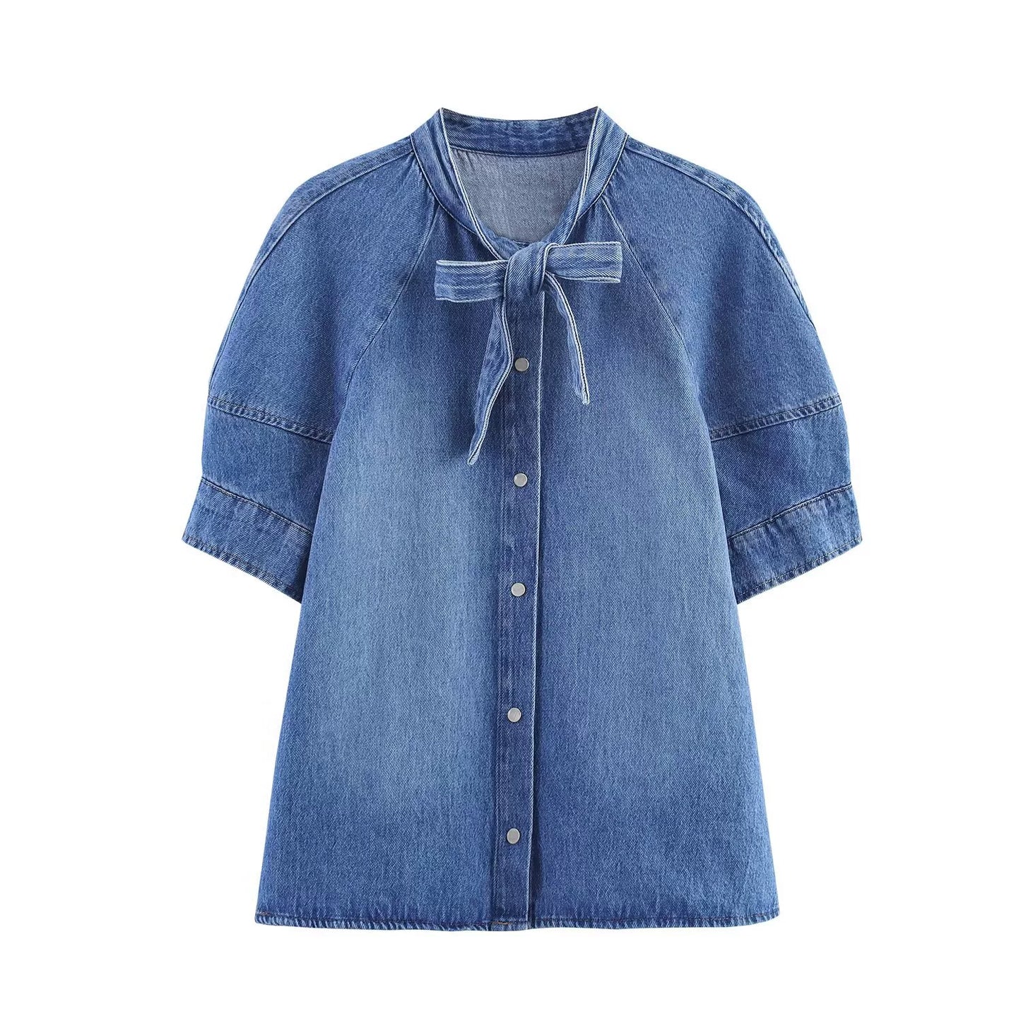 Out-Shine | Bow-Detailed Puff Short Sleeve Round Neck Denim Shirt