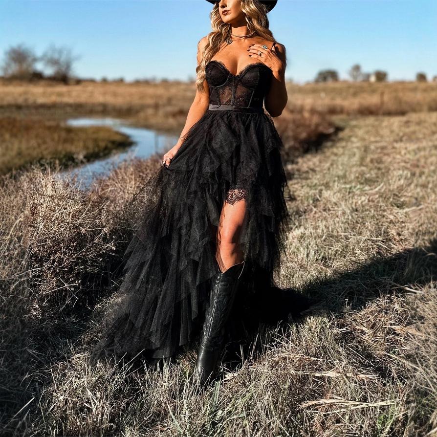 Deslumbra | Vestido largo Pure Desire de encaje de malla elástica con estampado de espiga