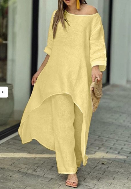 Out-Shine | Irregular cotton linen wide leg two-piece set