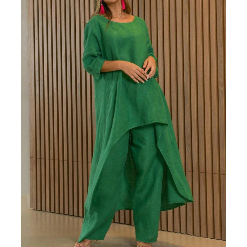 Out-Shine | Irregular cotton linen wide leg two-piece set