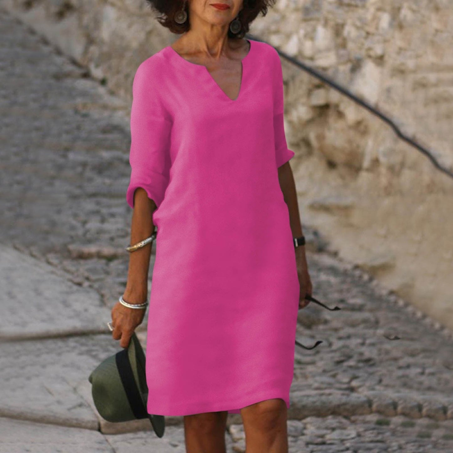 Out-Shine | Black linen summer dress with V neckline