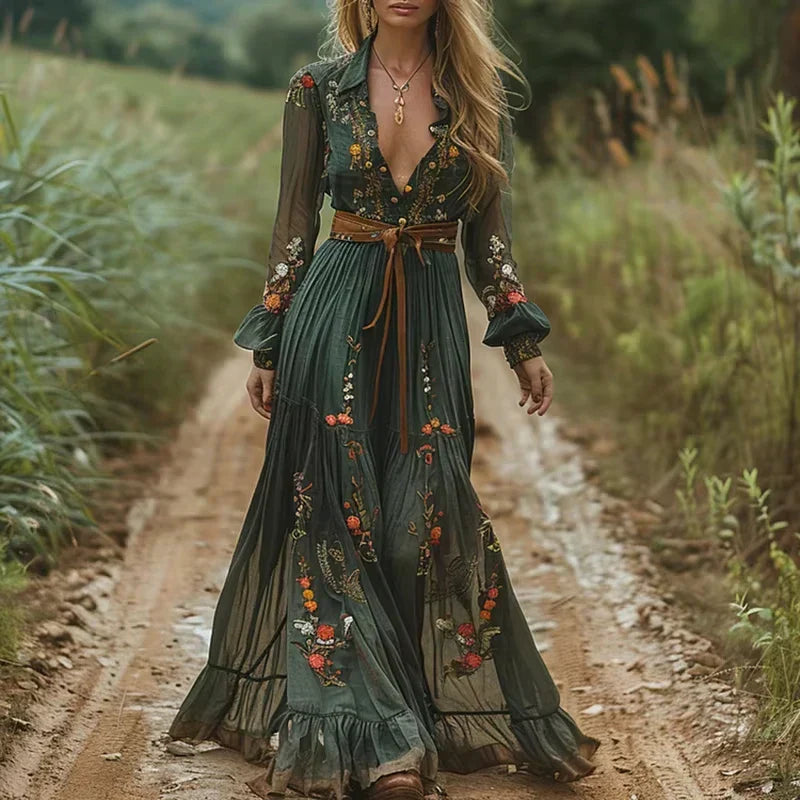 Deslumbra | Vestido largo estilo boho con escote en V pronunciado y manga larga