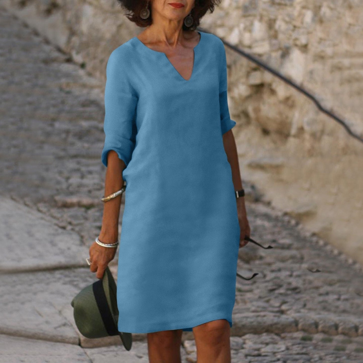 Out-Shine | Black linen summer dress with V neckline