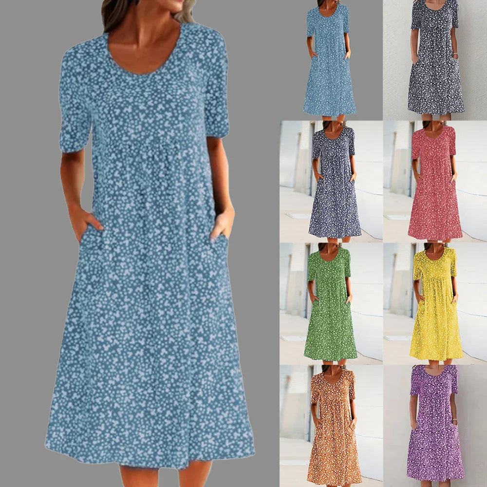 Out-Shine | Elegant O-Neck Short Sleeve Midi Dress With Pockets