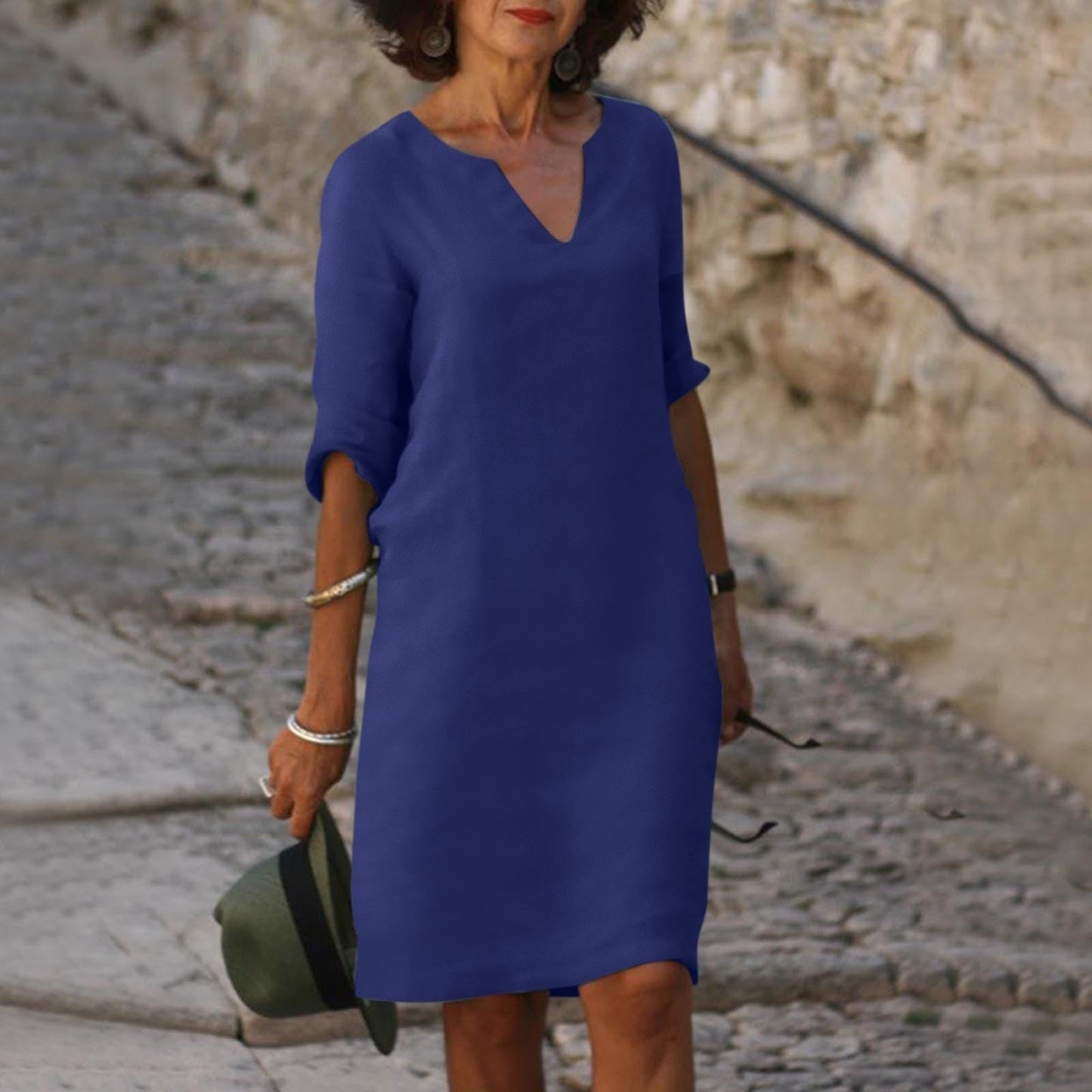 Out-Shine | Black linen summer dress with V neckline