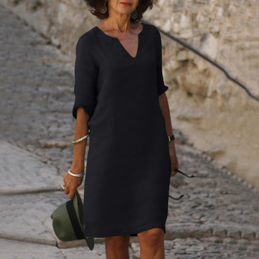 Out-Shine | Black linen summer dress with V neckline