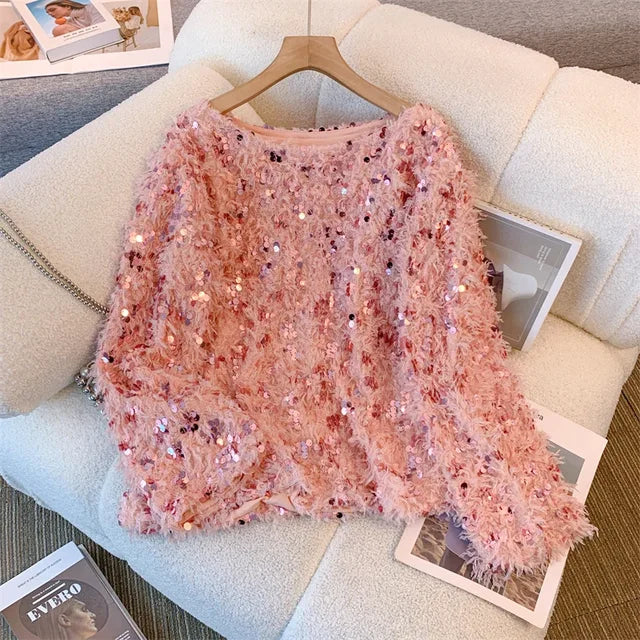 Out-Shine | Chic Sequins Feathery Sweater