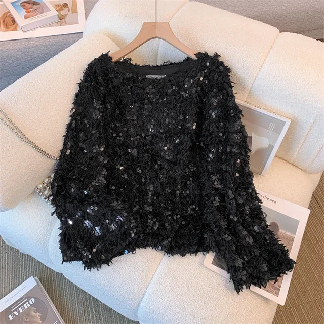Out-Shine | Chic Sequins Feathery Sweater