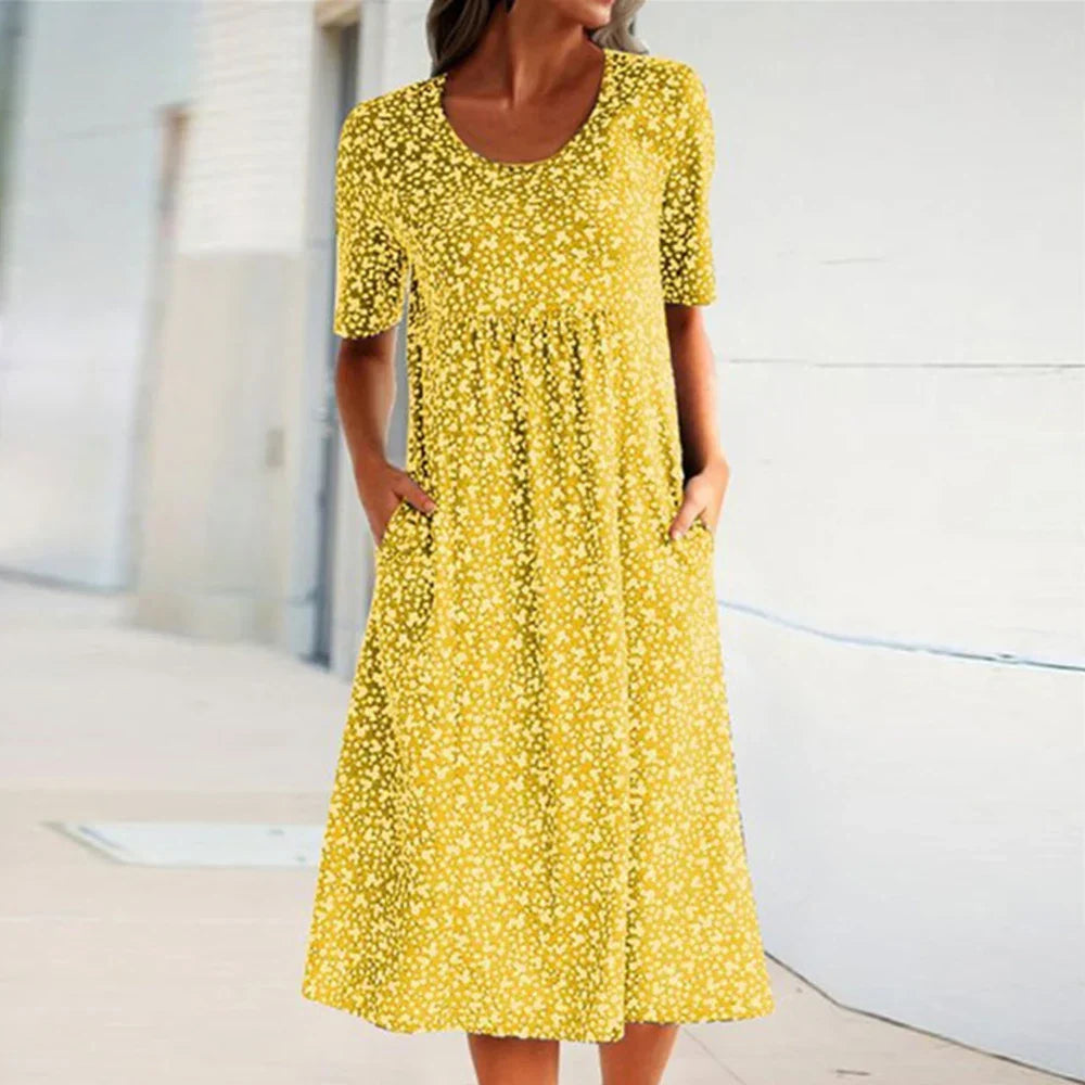 Out-Shine | Elegant O-Neck Short Sleeve Midi Dress With Pockets